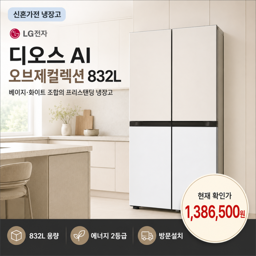 신혼가전 냉장고 LG 디오스 AI 오브제컬렉션 832L S836MEQ032 제품 이미지