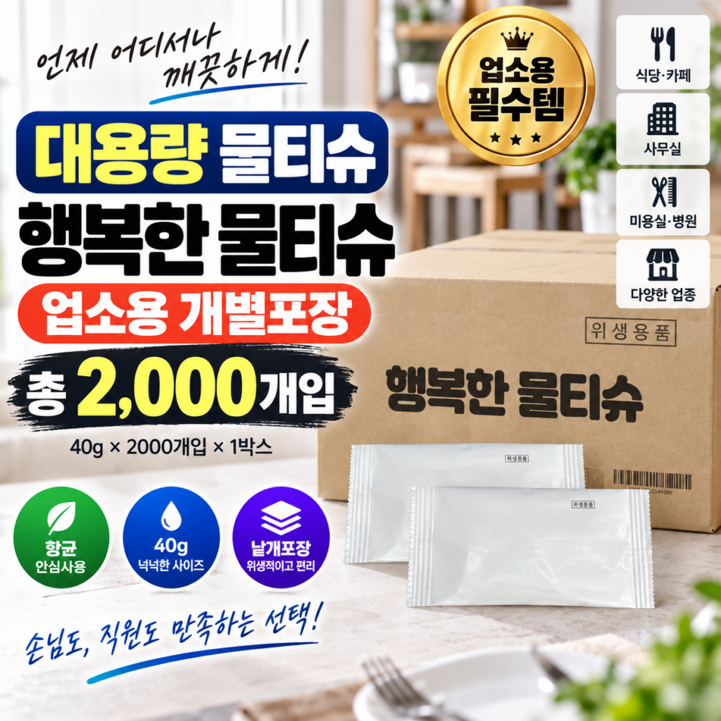 대용량 물티슈 행복한 물티슈 업소용 개별포장 무지 물수건 2000개입 제품 이미지