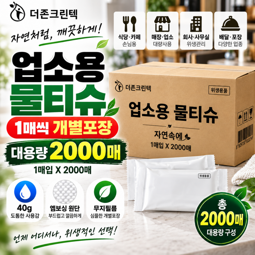 업소용 물티슈 자연속에 개별포장 엠보원단 1매입 2000매 대용량 더존크린텍 제품 이미지