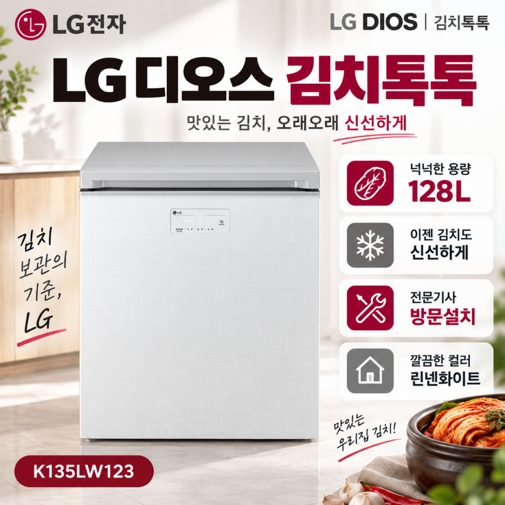LG 디오스 김치톡톡 128L 1도어 뚜껑형 김치냉장고 K135LW123 방문설치 제품 이미지