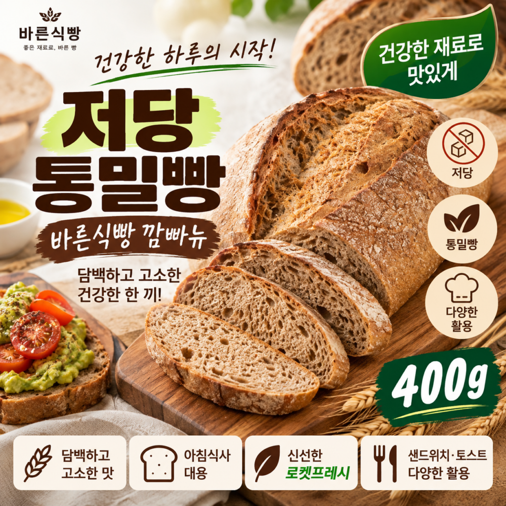 바른식빵 저당 통밀 깜빠뉴 400g 통밀빵 아침식사대용 제품 이미지