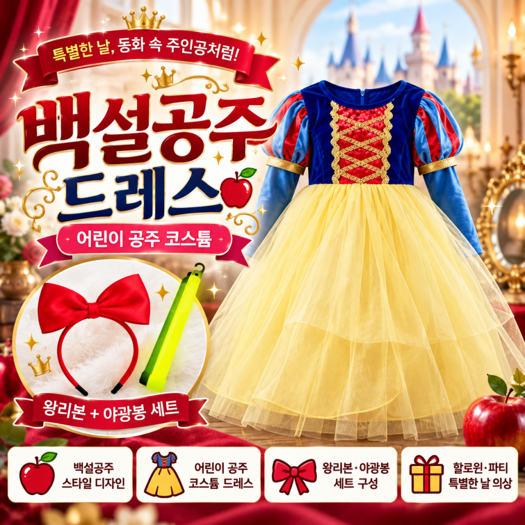 어린이 백설공주 드레스 유니엔젤 여아 할로윈 코스튬 의상 왕관봉 세트 제품 이미지